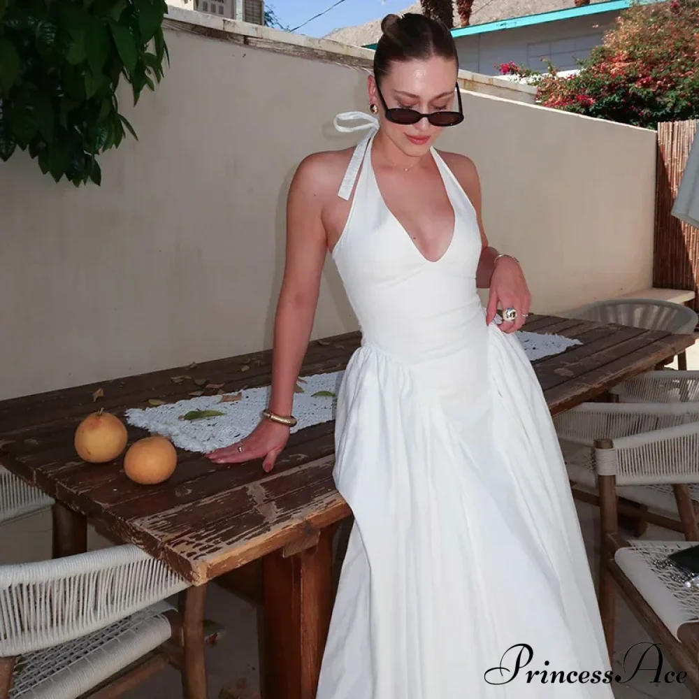 Open Back Halter Deep Graceful V-neck White Ankle Length Dress - Image 20
