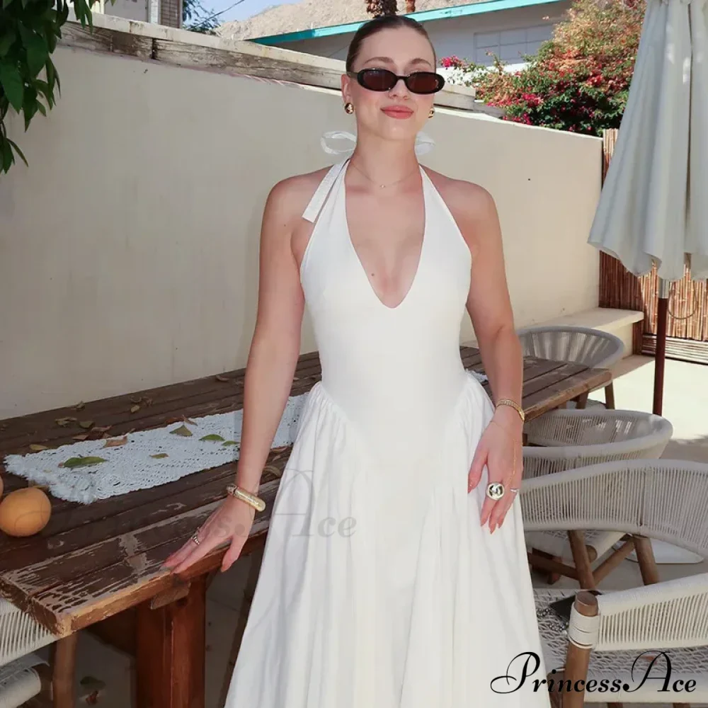Open Back Halter Deep Graceful V-neck White Ankle Length Dress - Image 23