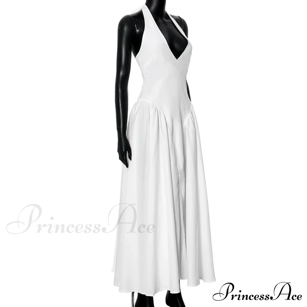 Open Back Halter Deep Graceful V-neck White Ankle Length Dress - Image 27
