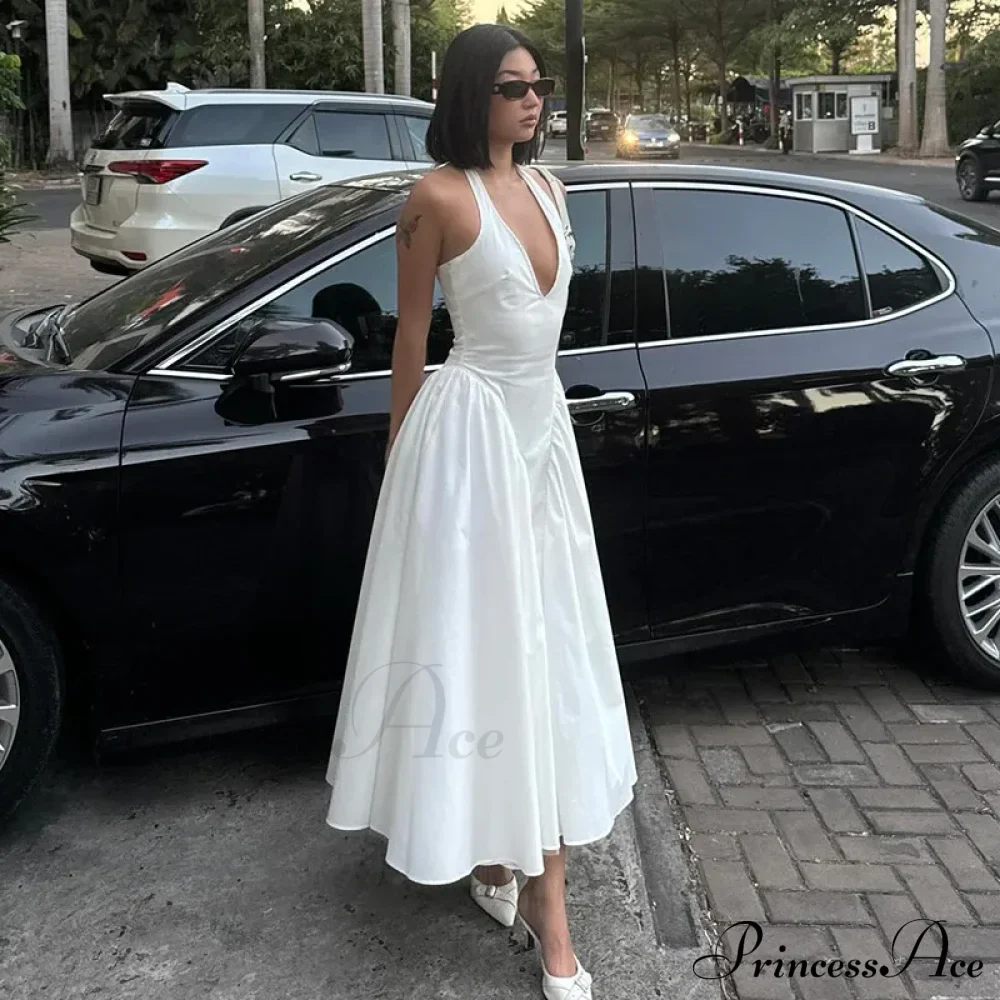 Open Back Halter Deep Graceful V-neck White Ankle Length Dress - Image 6