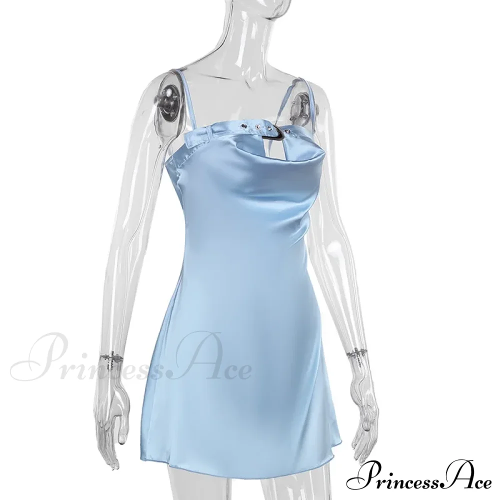 Satin Belted Hollow Cowl Graceful Neck Slip Mini Dress - Image 7