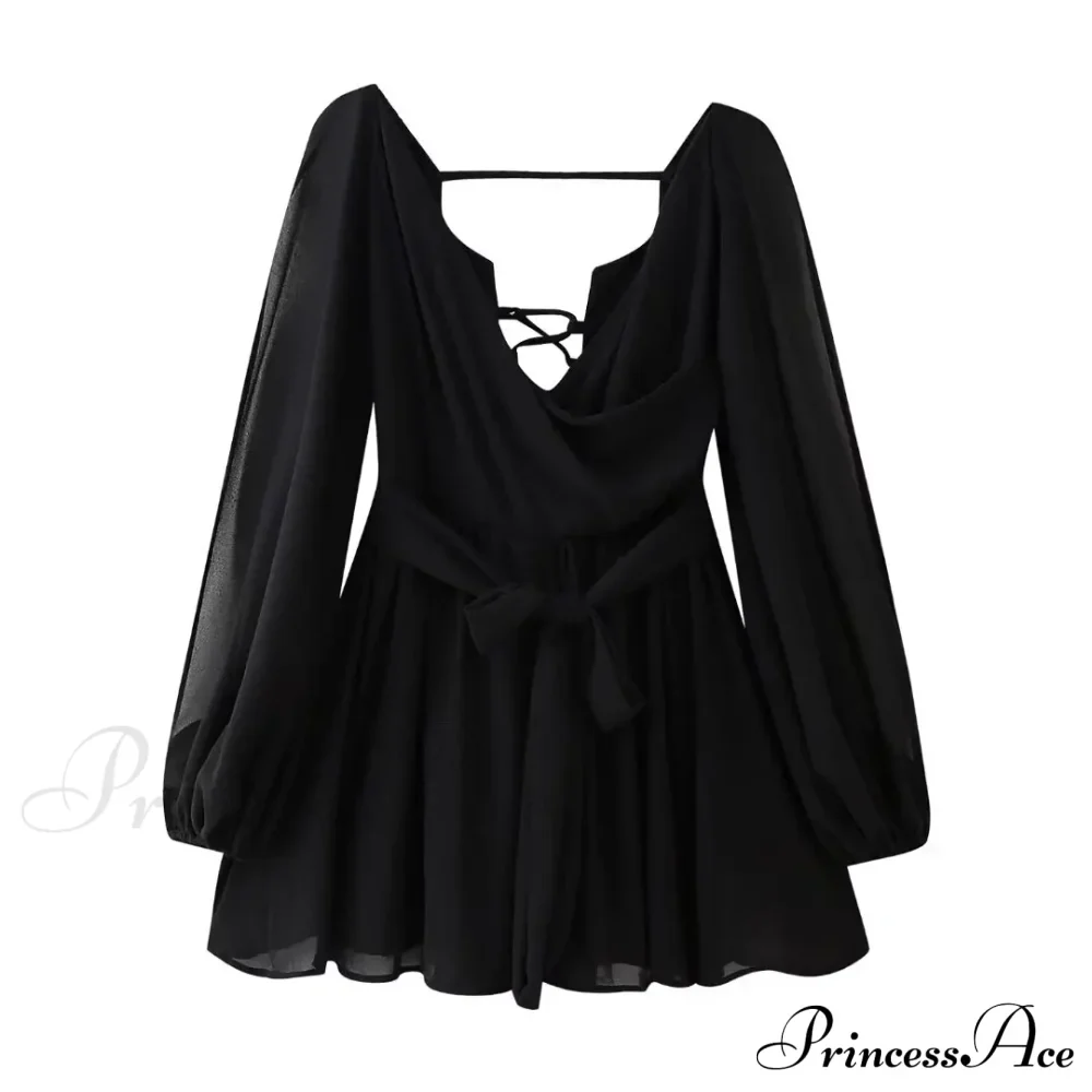 Chiffon Slit Long Sleeve Graceful Lace Up Mini Dress - Image 9