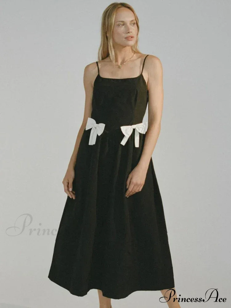 Black Bow Solid Charming Strap Midi Dress - Image 3