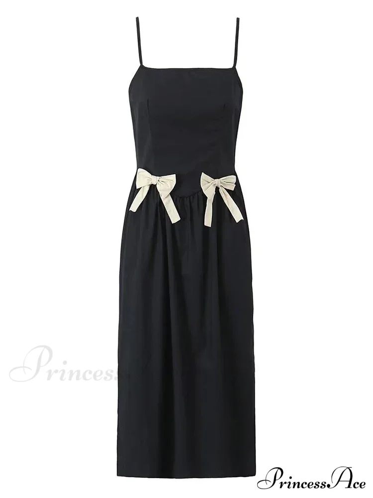Black Bow Solid Charming Strap Midi Dress - Image 4