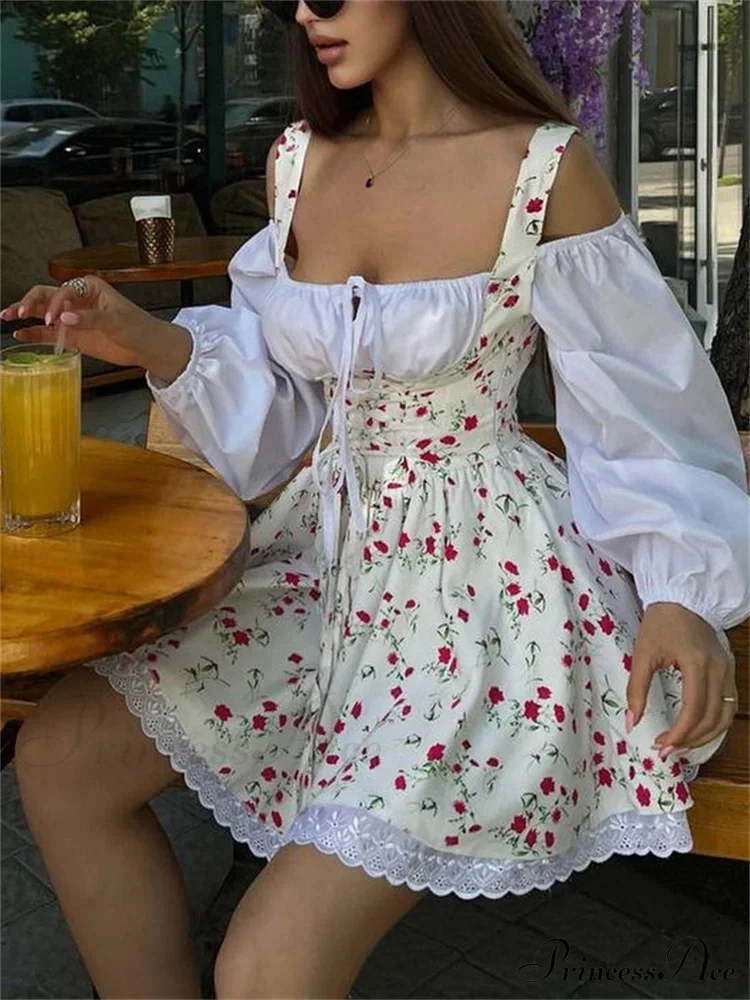 Printed Off-shoulder Lantern Charming Sleeve Flare Mini Dress - Image 9