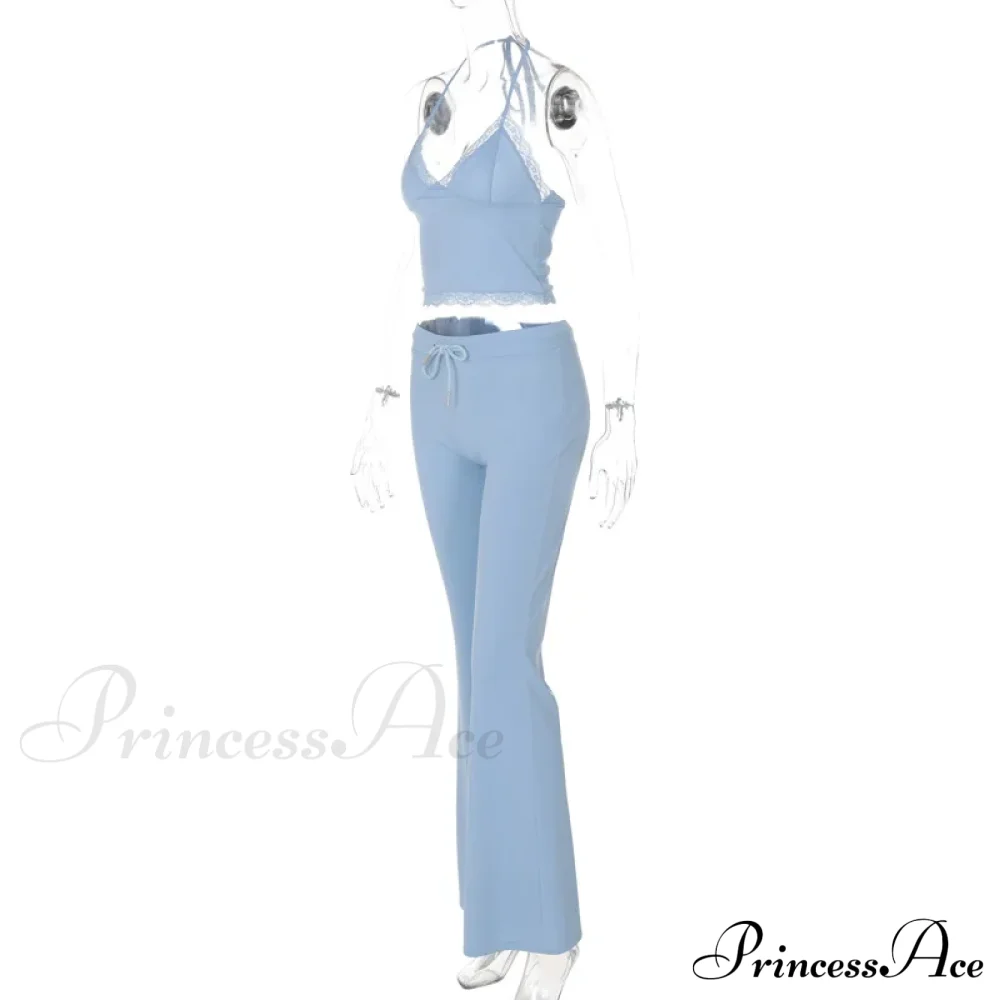 Blue Halter Crop Top Graceful And Flare Pants Set - Image 7