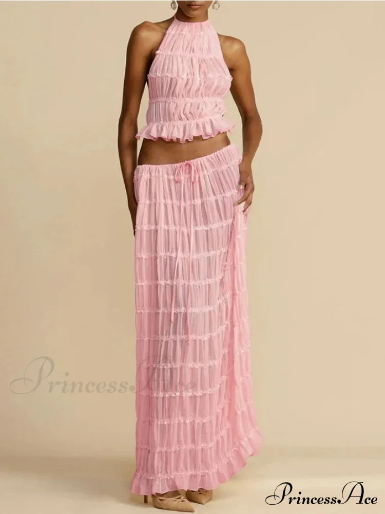 Halterneck Ruched Open Back Tie Trendy Up Top And Maxi Skirt Set - Image 9