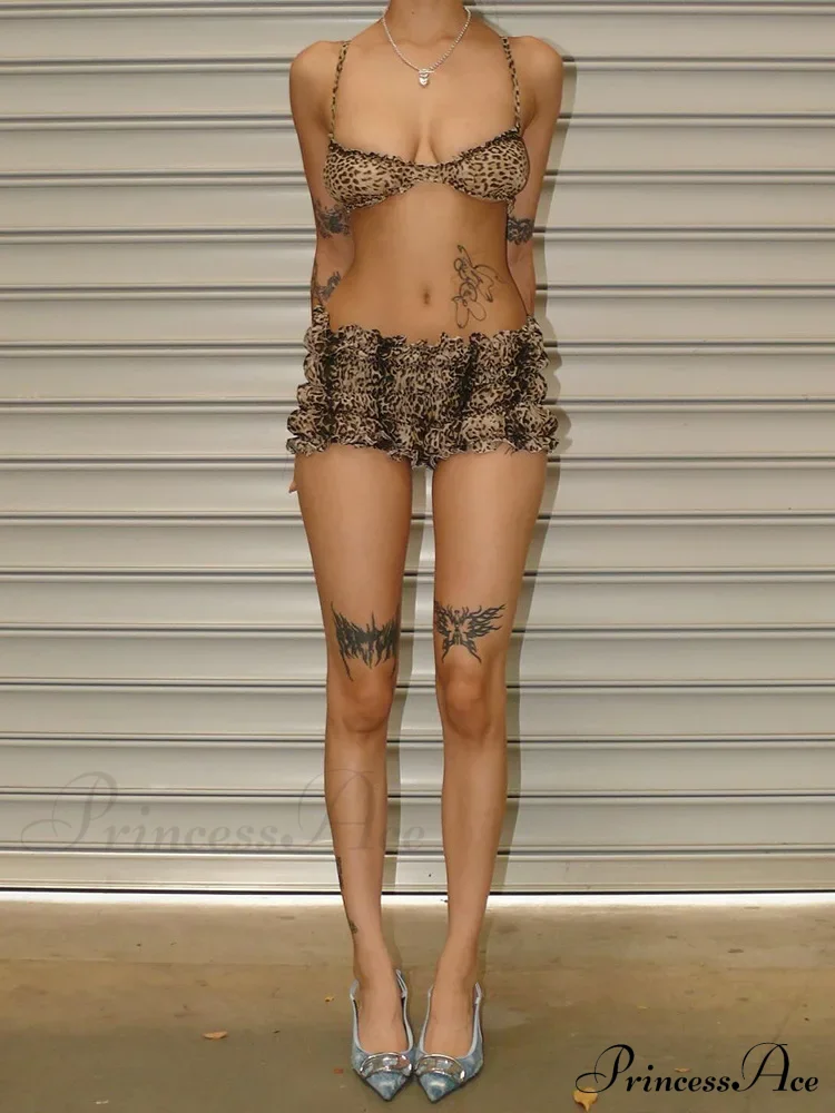 Leopard Print Ruffles Cami Graceful Bra Top and Shorts Set - Image 3