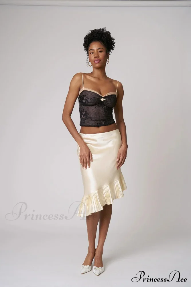 Satin Pleated Stylish Trim Midi Skirt - Image 15