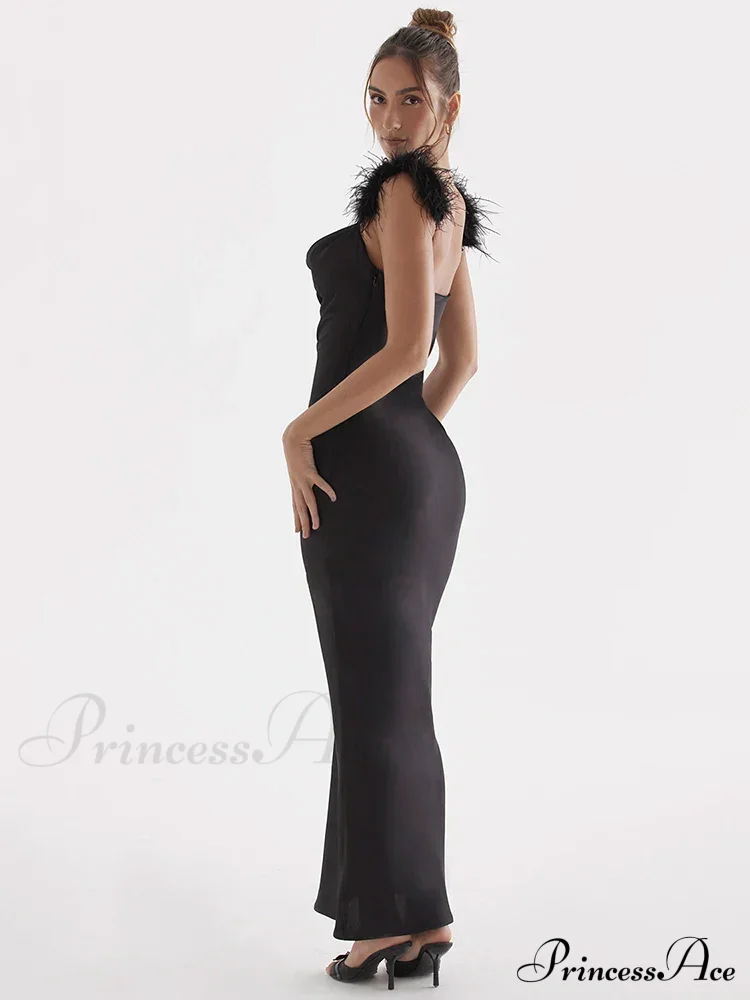 Black Satin Feather Charming Strap Maxi Dress - Image 5