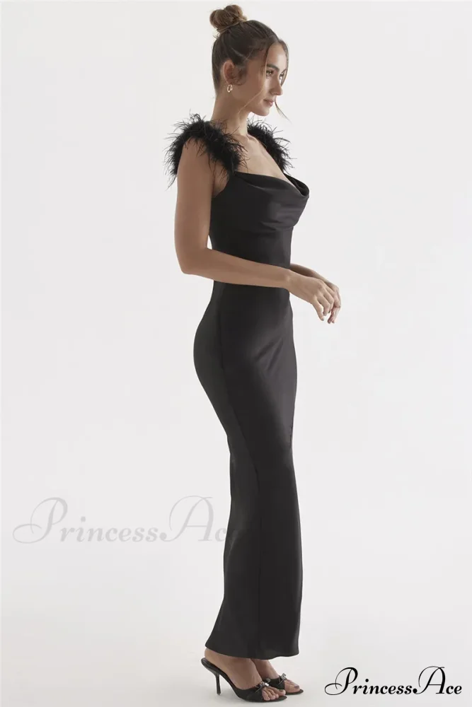 Black Satin Feather Charming Strap Maxi Dress - Image 8