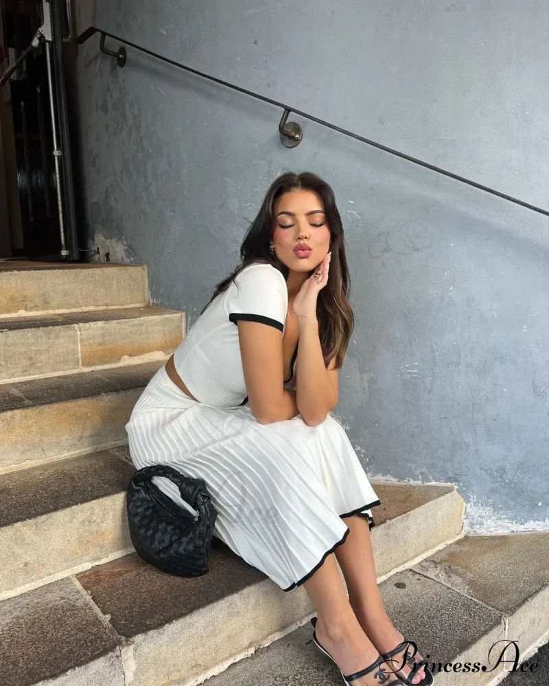 Knit Two Tone Short Sleeve Buttoned Modern Top And Pleated Midi Skirt Set - Image 13