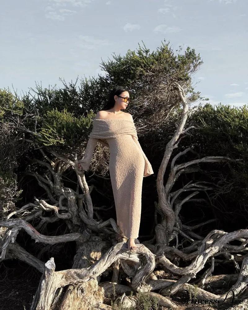 Knit Off-Shoulder Long Sleeve Maxi Dress - Image 27