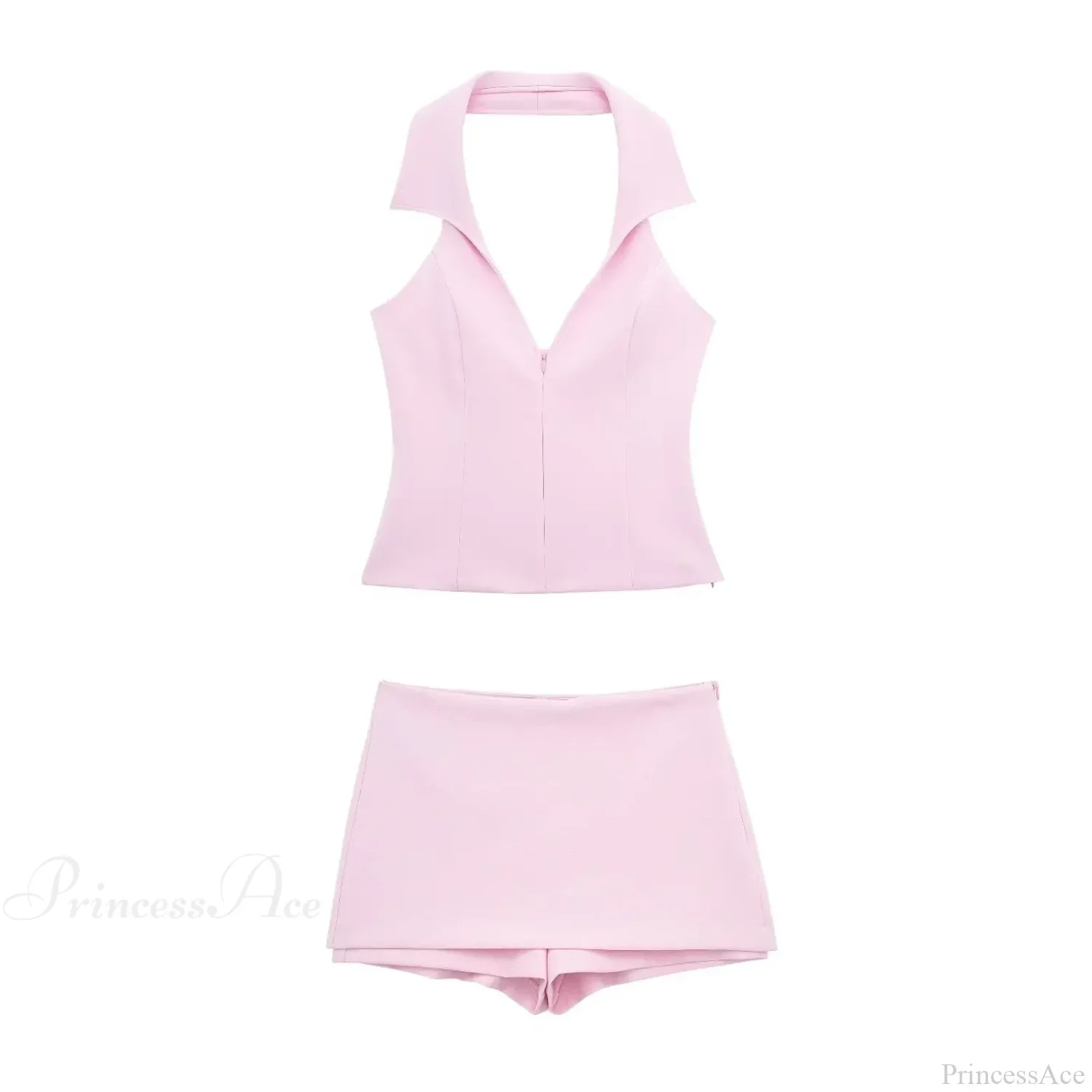 Pink Halter Sleeveless Charming Top And Skort Set - Image 6