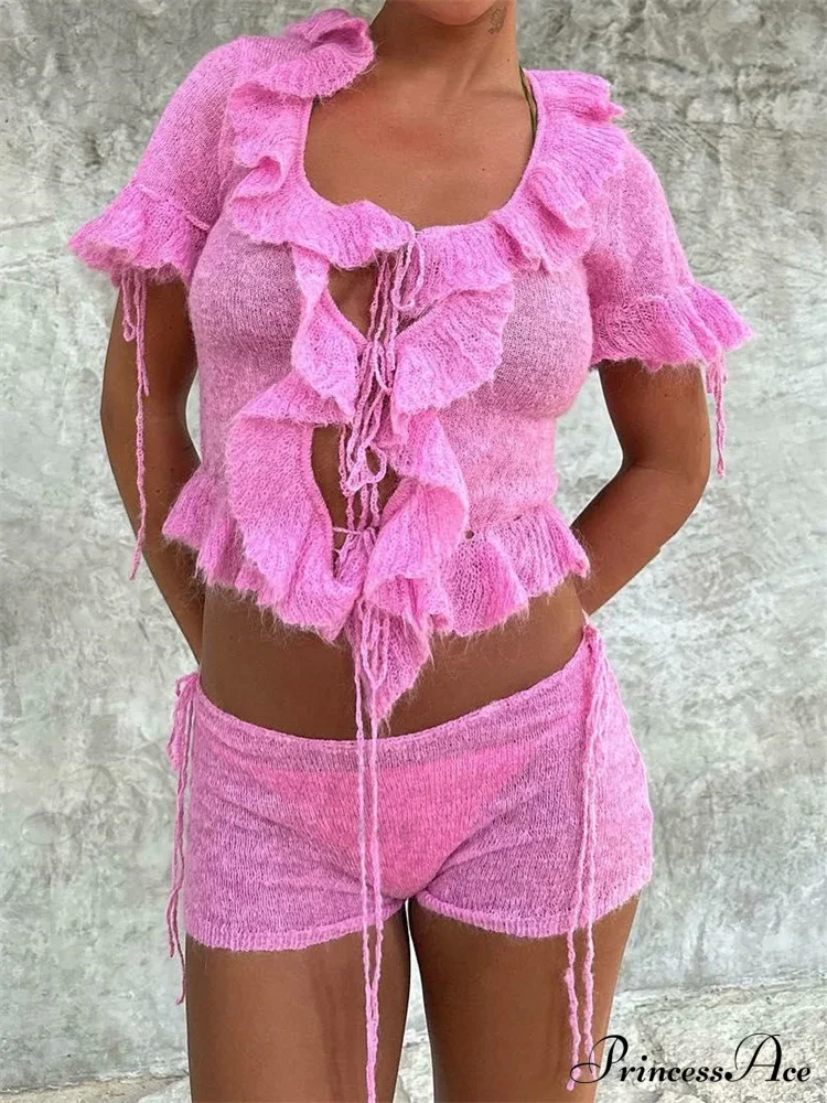 Pink Ruffles Sheer Charming Top And Shorts Set - Image 2