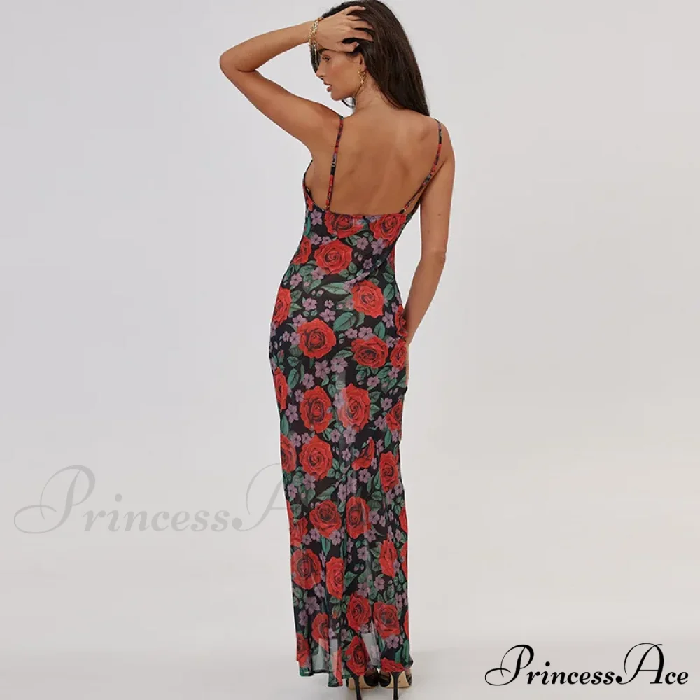 Flower Print Mesh Charming Slip Maxi Dress - Image 12