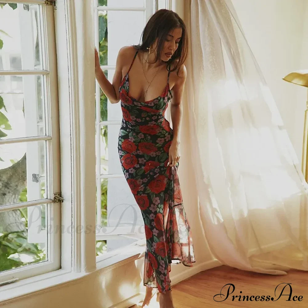 Flower Print Mesh Charming Slip Maxi Dress - Image 2
