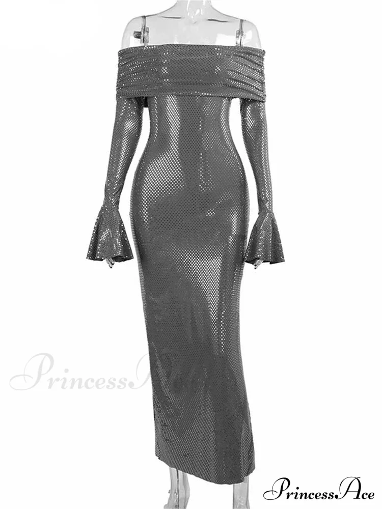 Sequin Long Sleeve Charming Off-Shoulder Maxi Dress - Image 6