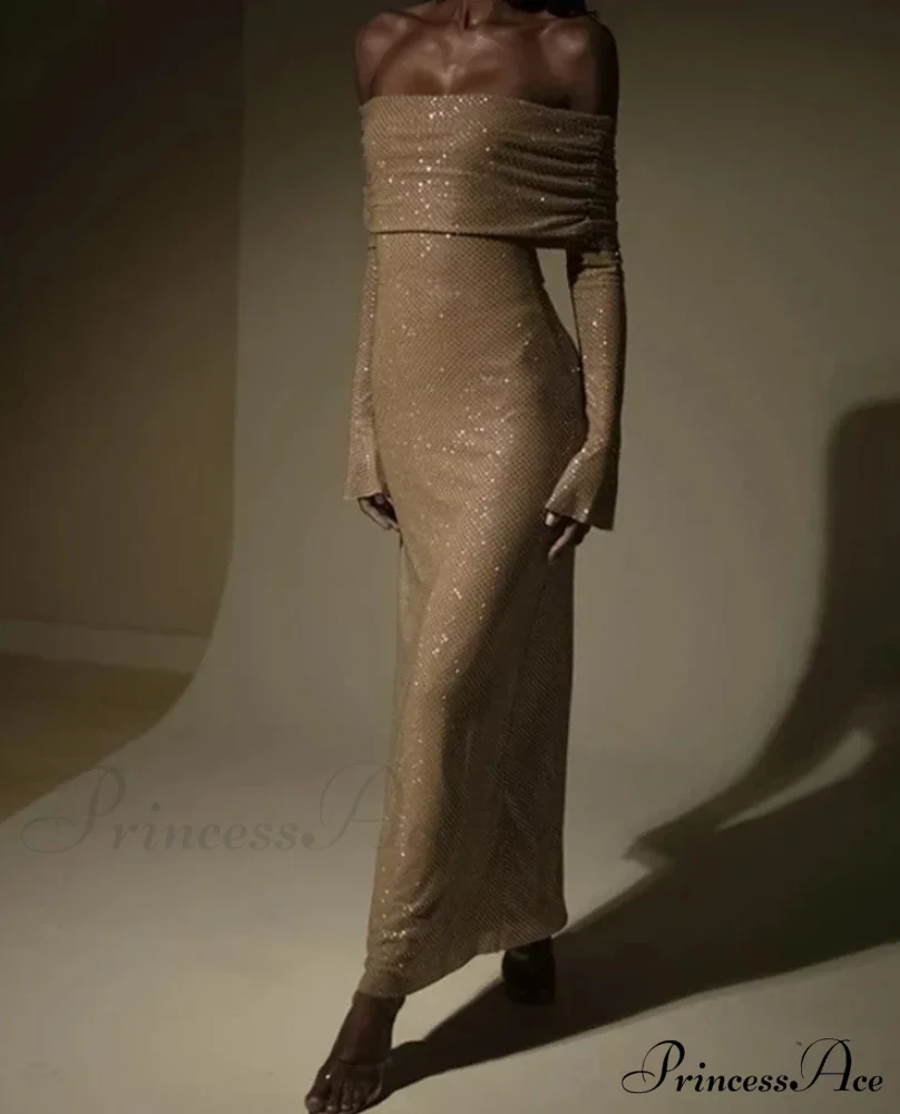 Sequin Long Sleeve Charming Off-Shoulder Maxi Dress - Image 8