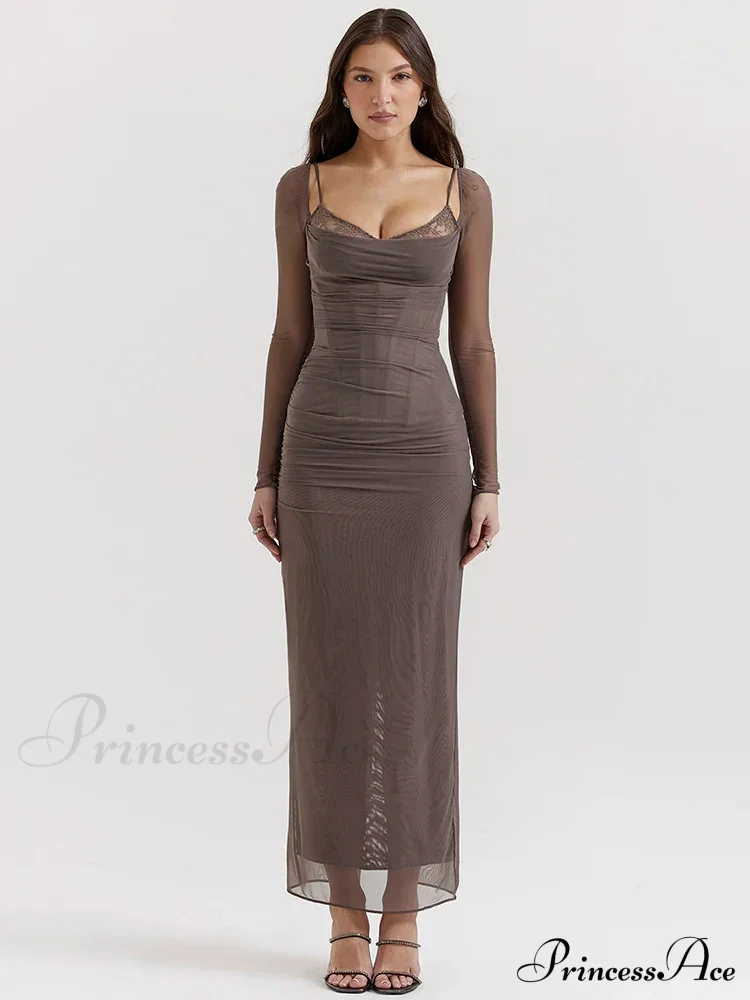 Sheer Long Sleeve Charming Bodycon Maxi Dress - Image 2