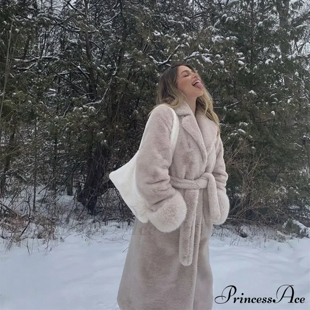 Faux Fur Stylish Long Belted Coat - Image 2
