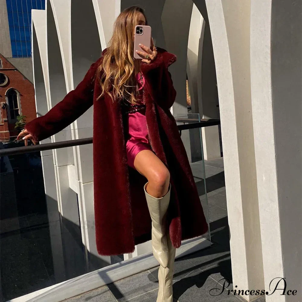 Faux Fur Stylish Long Belted Coat - Image 25