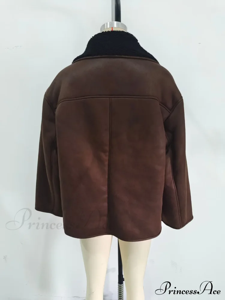 Brown Faux Leather Charming Black Lining Fur Jacket - Image 7