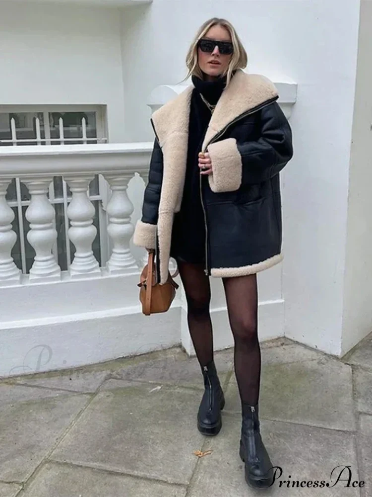 Black Faux Leather Charming Fur Lining Coat