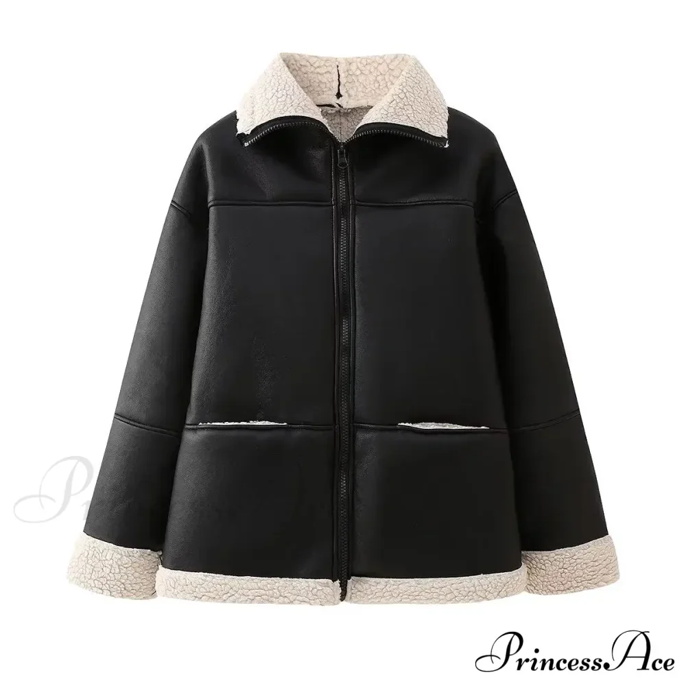 Black Faux Leather Charming Fur Lining Coat - Image 6