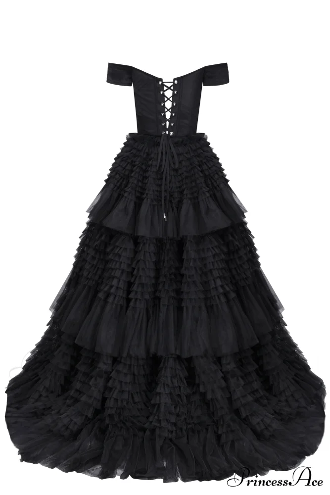 Black Off-The-Shoulder Stylish Frill-Layered Gown - Image 3