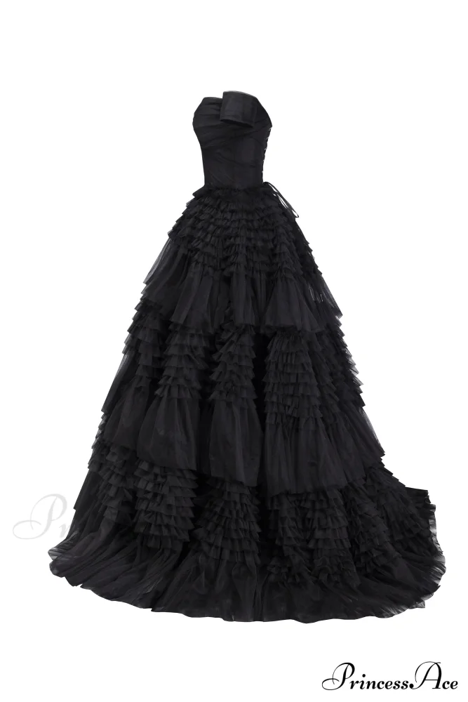 Black Off-The-Shoulder Stylish Frill-Layered Gown - Image 7