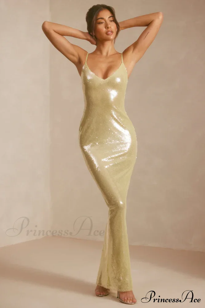 Sheer Sequin V-Neck Cut Out Trendy Back Evening Gown in Pistachio - Image 3