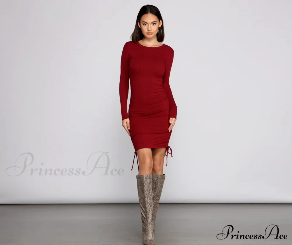 Ruched And Ribbed Knit Graceful Crew Neck Mini Dress - Image 5