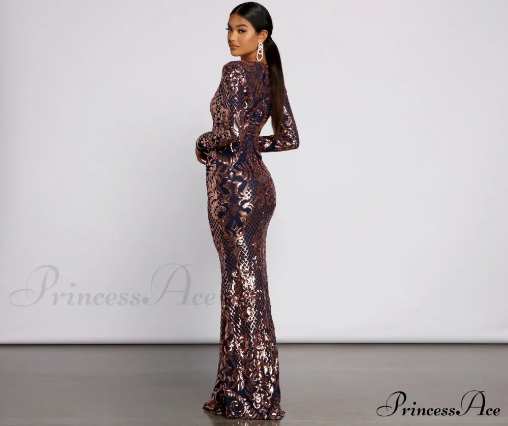 Ayla Formal Long Charming Sleeve Sequin Scroll Dress - Image 2