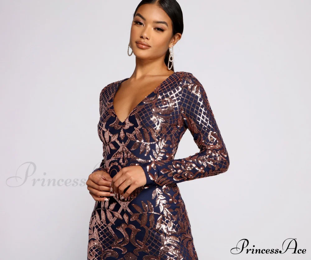 Ayla Formal Long Charming Sleeve Sequin Scroll Dress - Image 4