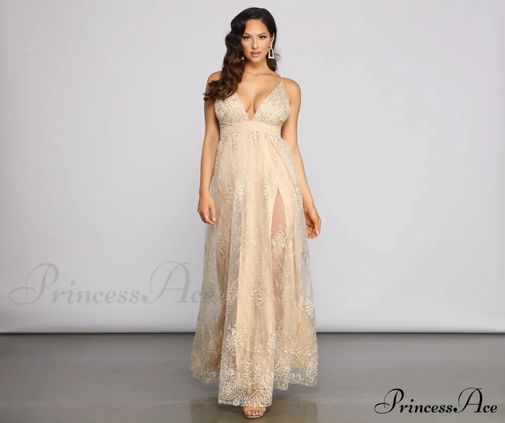 Mona Formal Stylish Plunging Glitter Dress