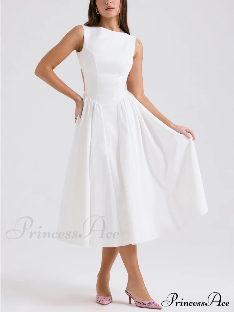 Stylish And Elegant Solid Color Trendy Round Neck Backless Sleeveless Midi Dress