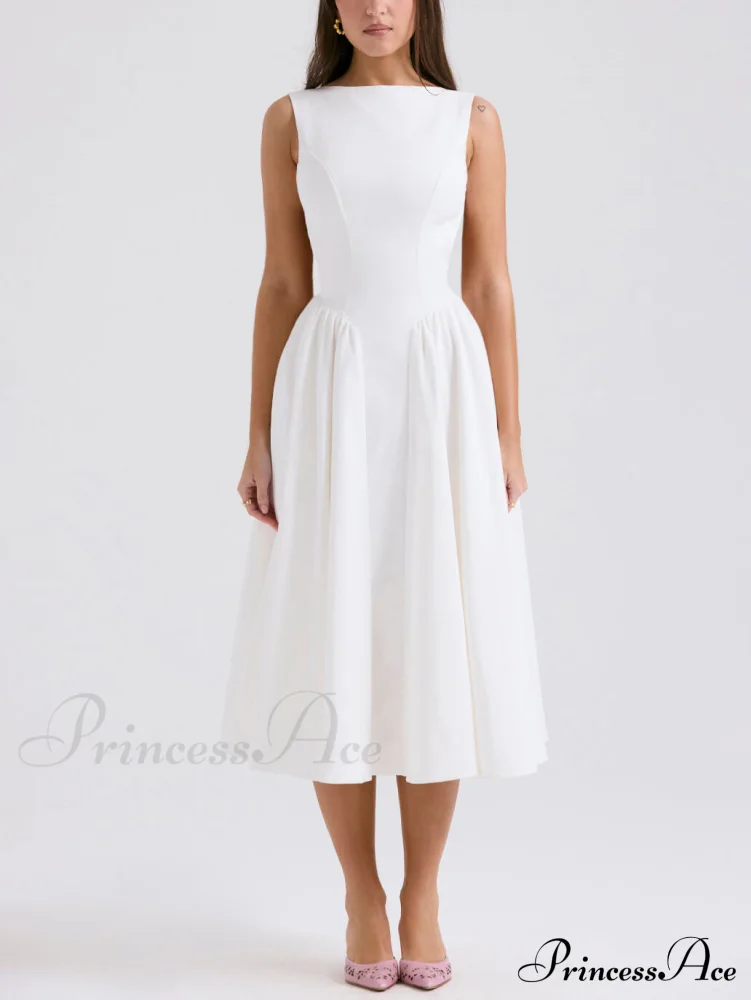 Stylish And Elegant Solid Color Trendy Round Neck Backless Sleeveless Midi Dress - Image 3