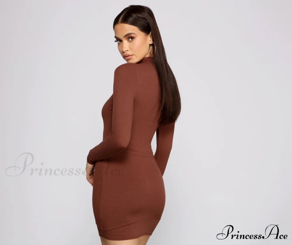 Basic Ribbed Knit Charming Long Sleeve Mini Dress - Image 10