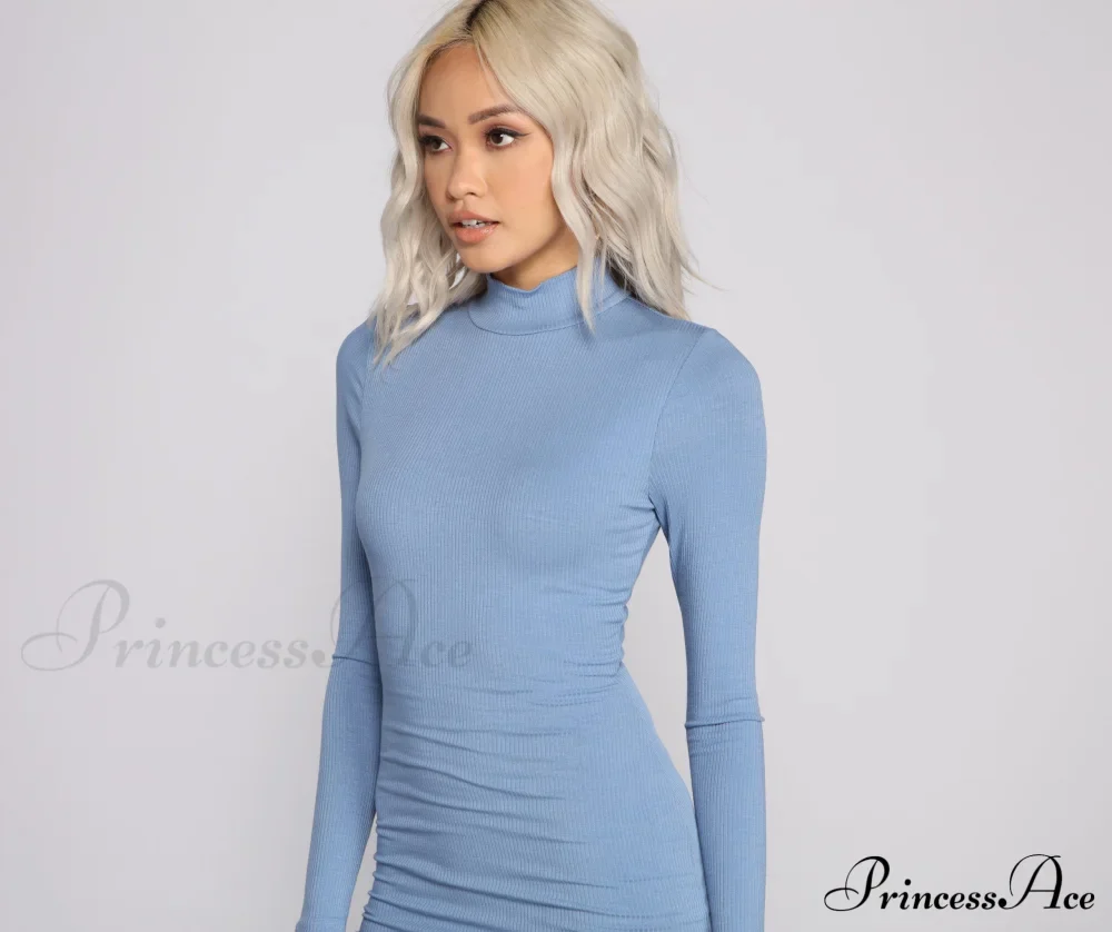 Basic Ribbed Knit Charming Long Sleeve Mini Dress - Image 7