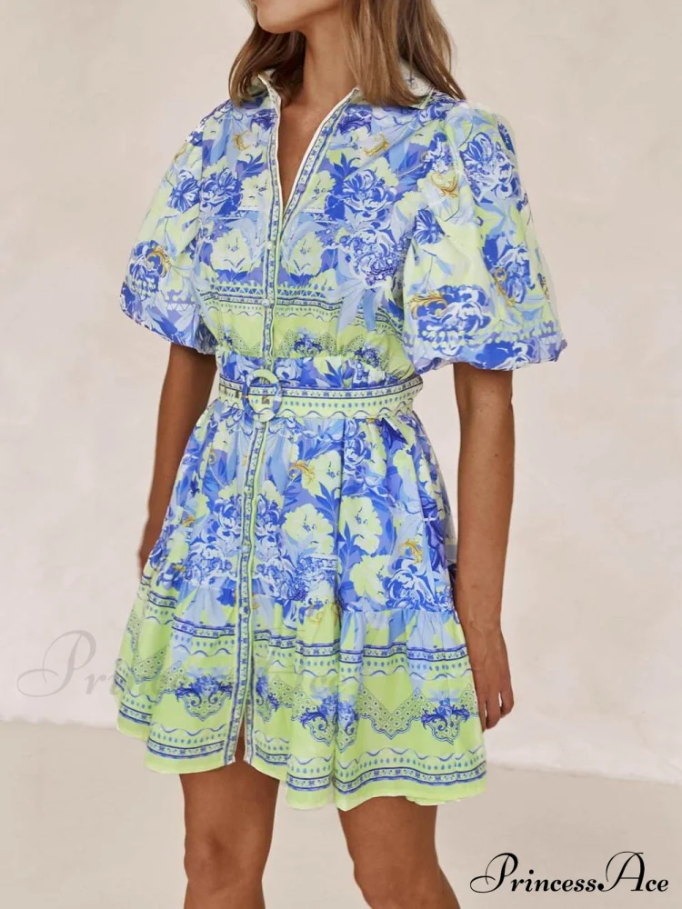 Blue And Yellow Charming Floral Print Mini Dress