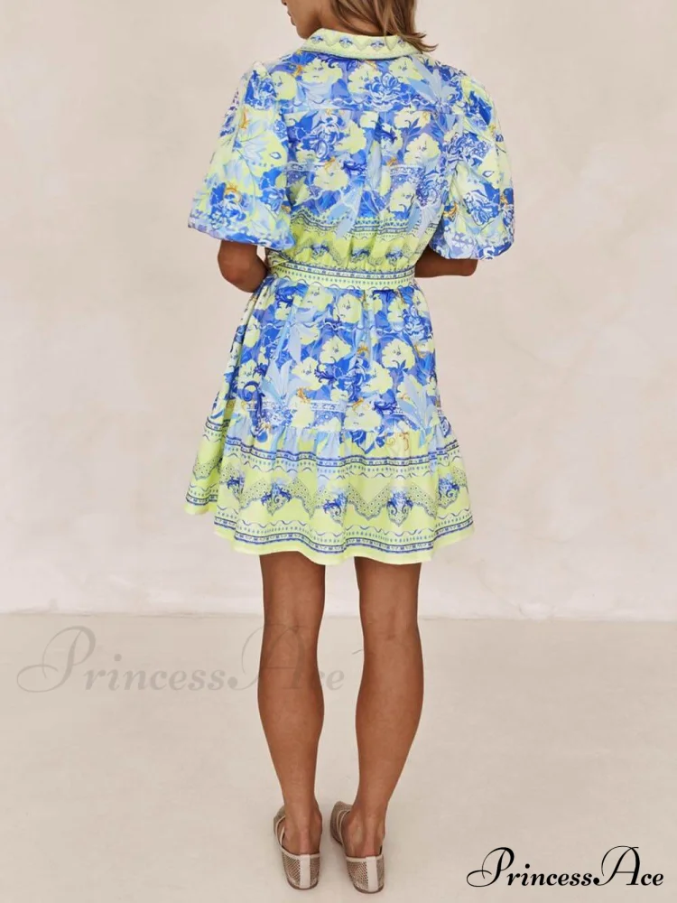 Blue And Yellow Charming Floral Print Mini Dress - Image 3