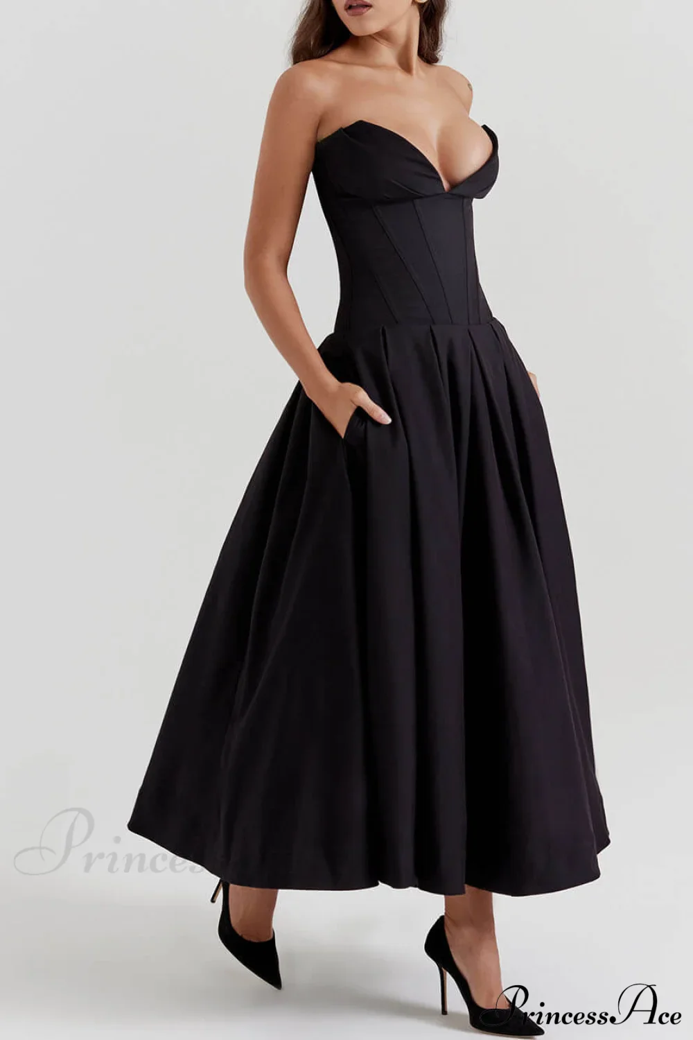 Black Strapless Stylish Midi Dress - Image 3
