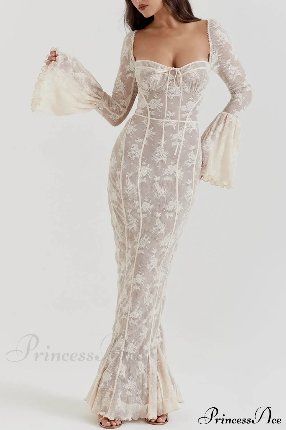 Vintage Cream Stylish Lace Maxi Dress - Image 2