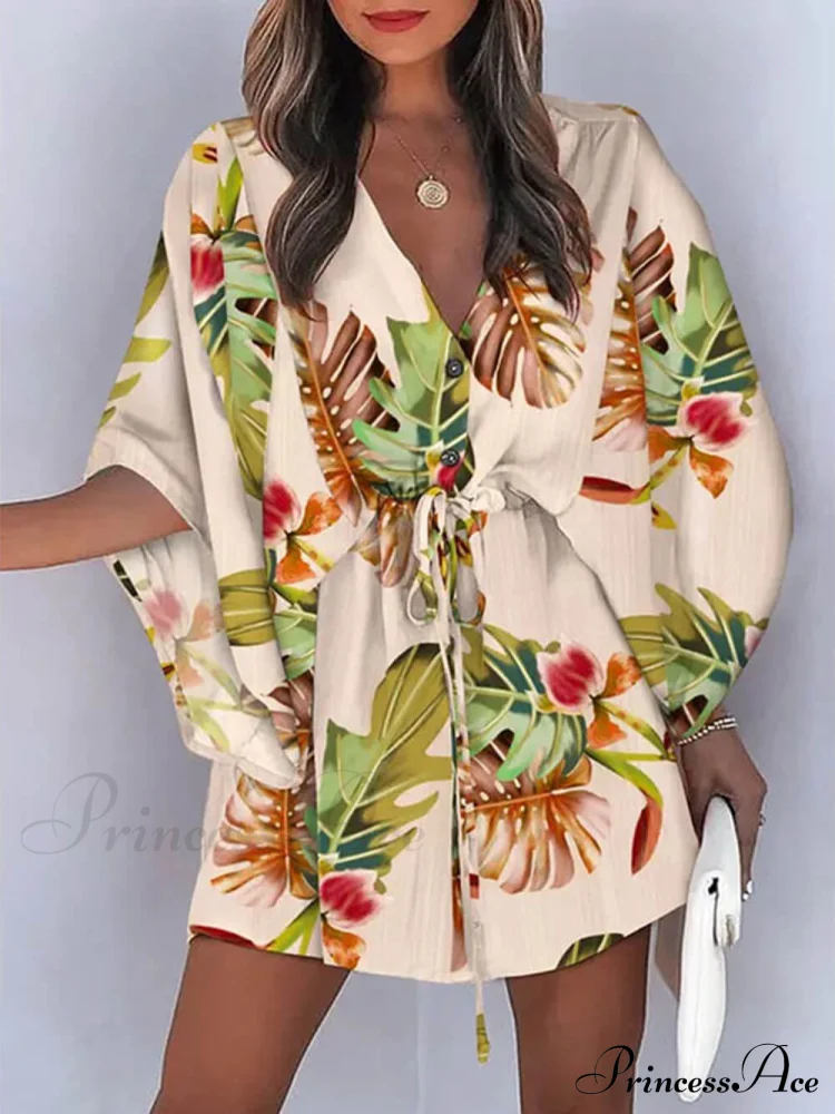 V-Neck Tie Printed Charming Batwing Sleeve Dress - Image 2