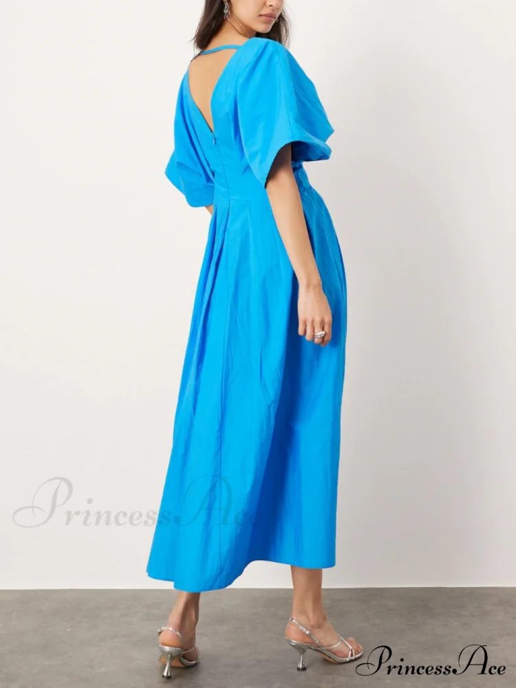 V-Neck Short Sleeve Charming Midi Dress In Blue - Image 3