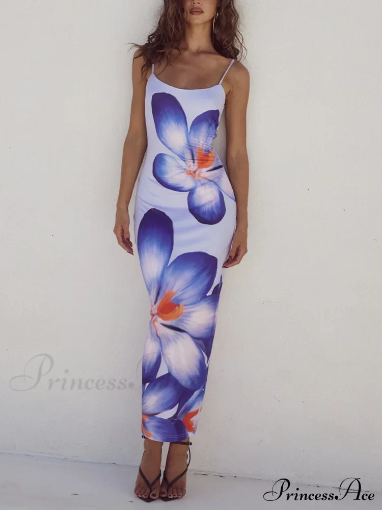 Unique Violet Floral Charming Print Strap Midi Dress - Image 2