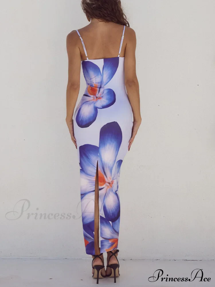 Unique Violet Floral Charming Print Strap Midi Dress - Image 6