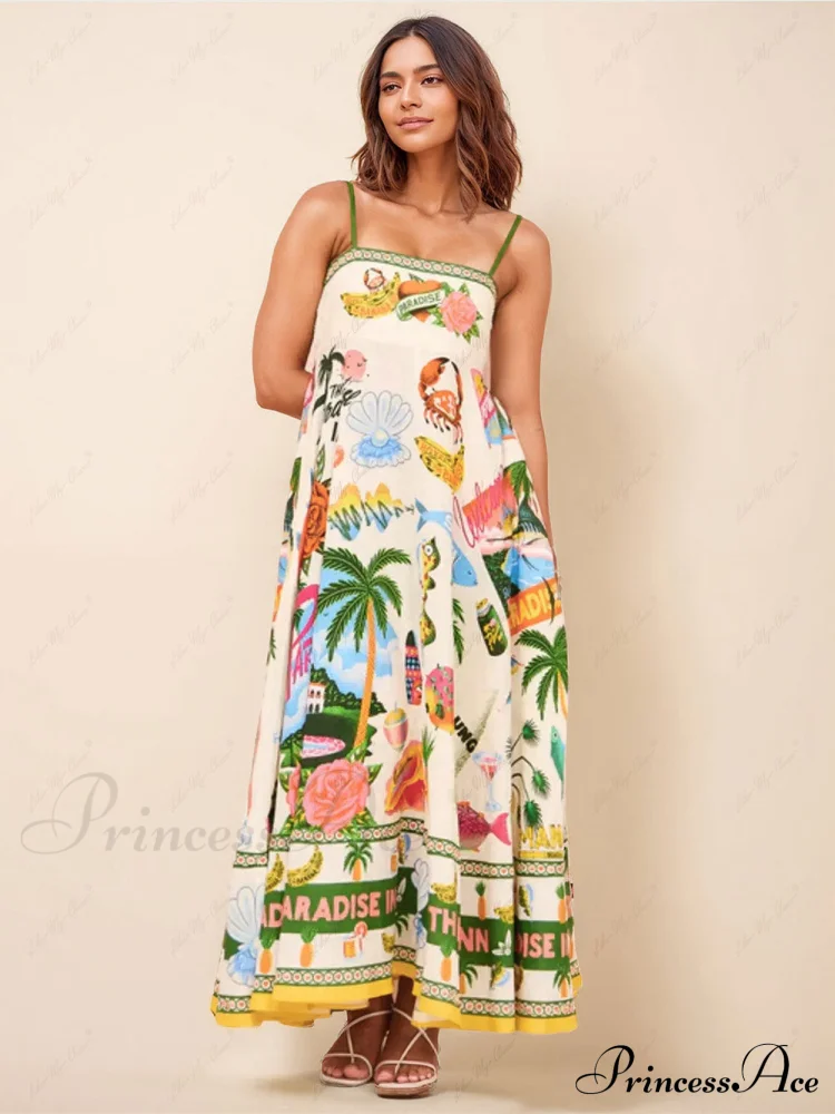 Unique Print Smocked Charming Back Pocket Maxi Dress