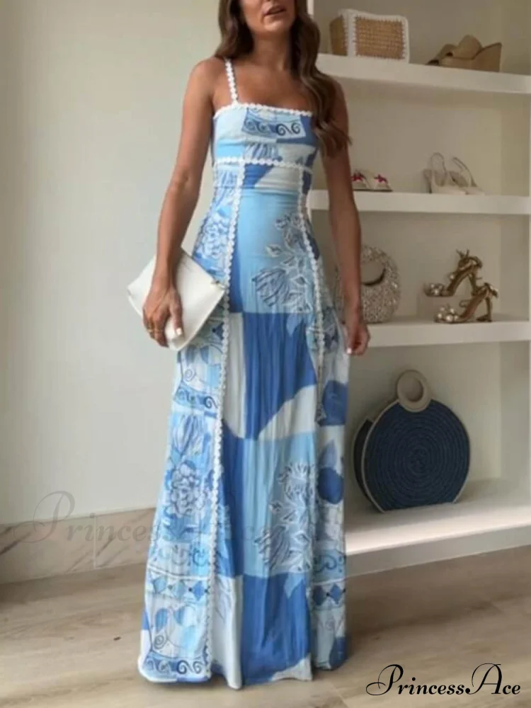 Unique Lace Patchwork Printed Tie Halter Maxi Dresses